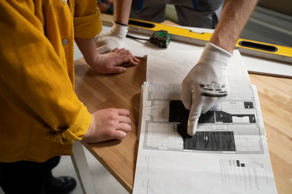 Gambar pekerja yang sedang membahas tentang blueprint design dapur.