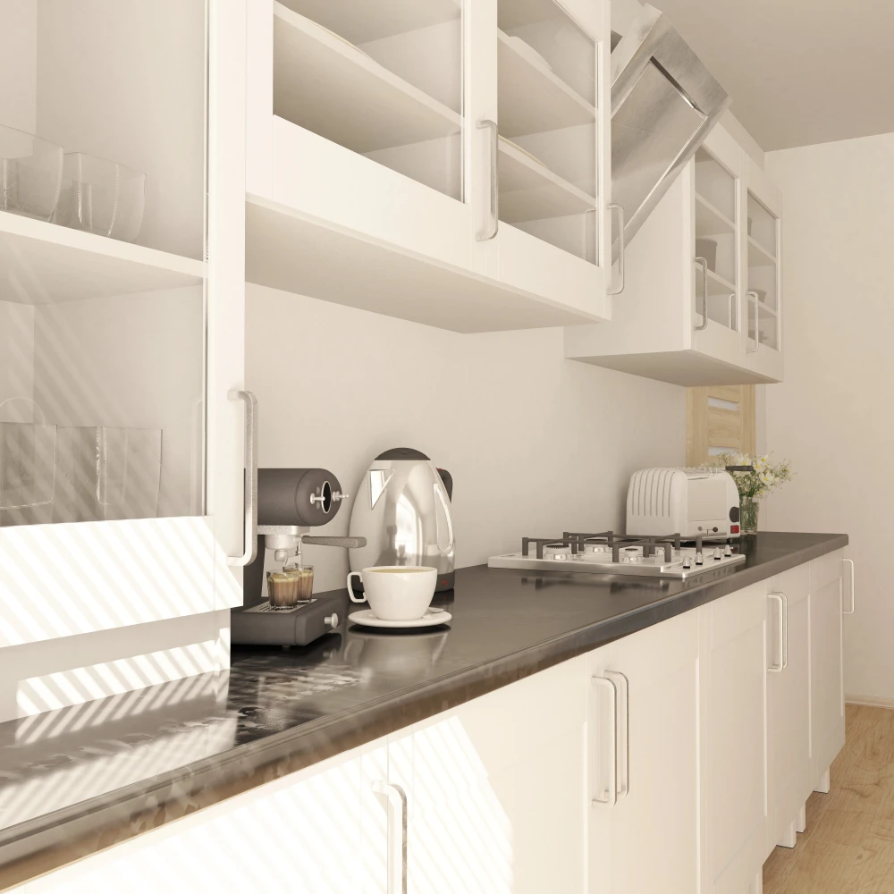 Gambar dapur dengan interior lemari kaca bening