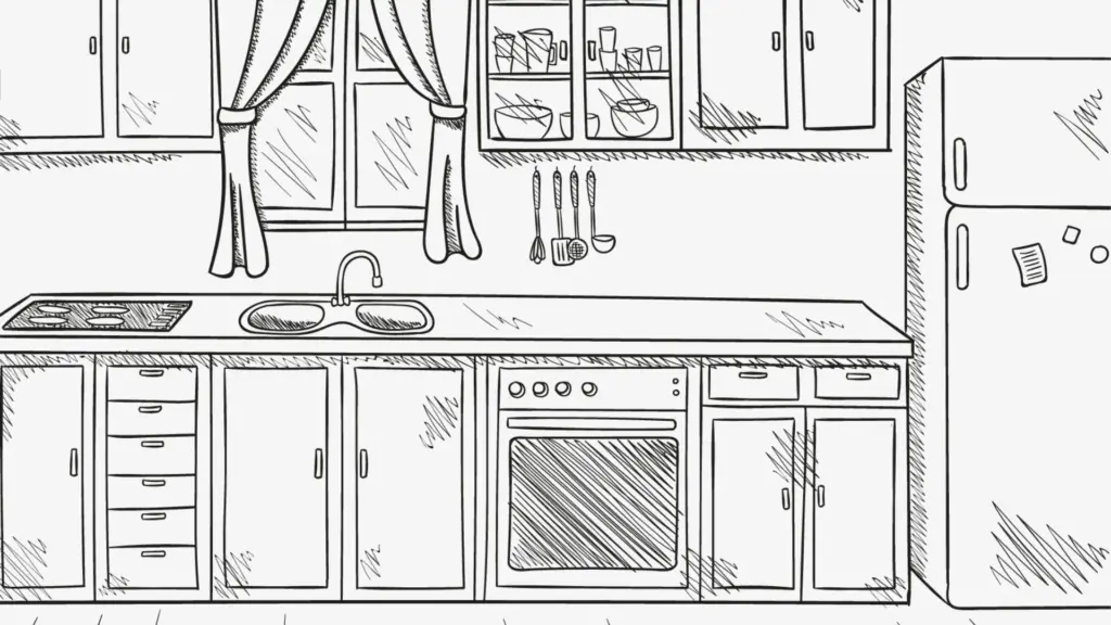 Gambar dapur yang digambar menggunakan pensil