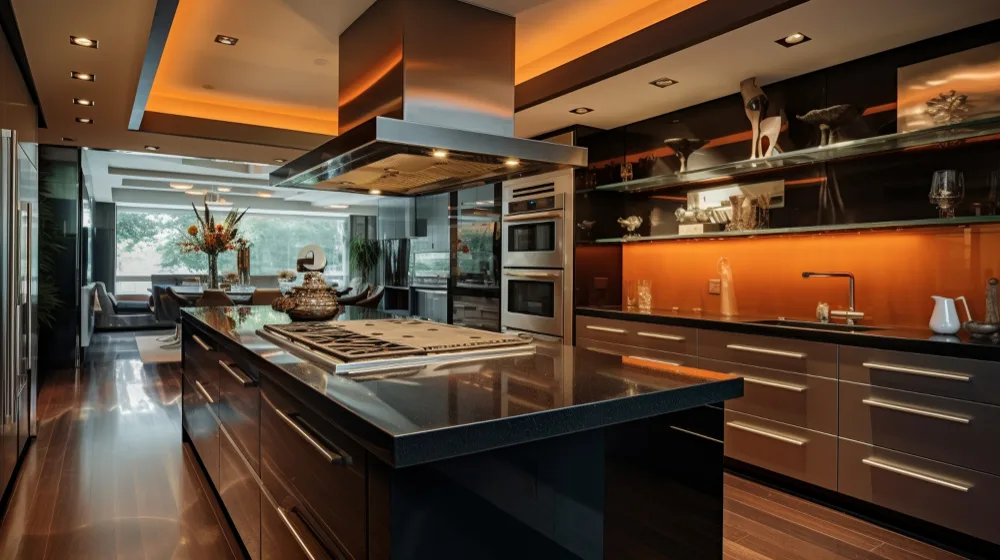 Dapur yang indah, luas dan bersih dengan perlatan dapur yang sudah terisi.